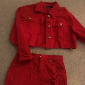 cropped denim jacket and skirt set